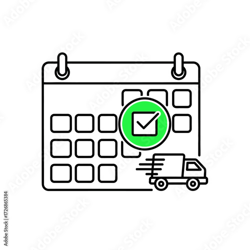 Calendar with a confirmed delivery date and a fast shipping truck icon, representing scheduled logistics.