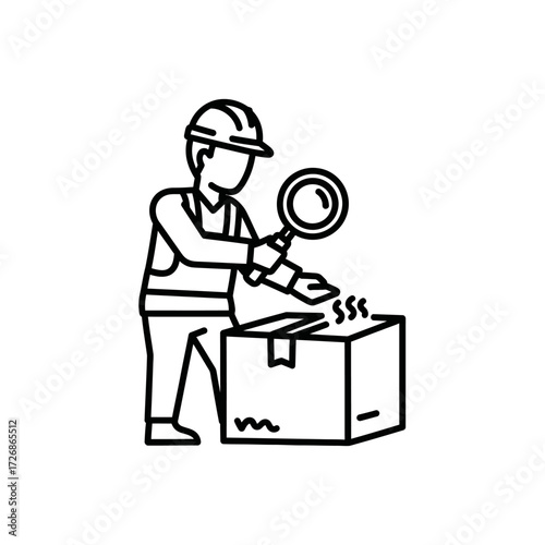 A worker in a hard hat inspects a cardboard box with a magnifying glass.