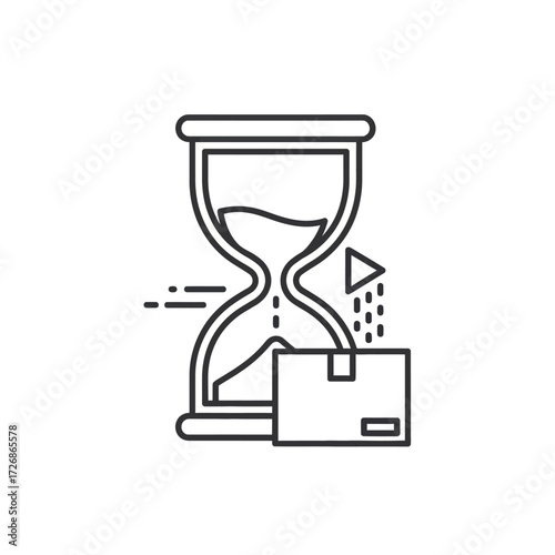 Time-based delivery process, illustrated with hourglass and package.