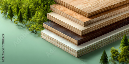 Stack of wood samples with forest backdrop showing different textures and grains