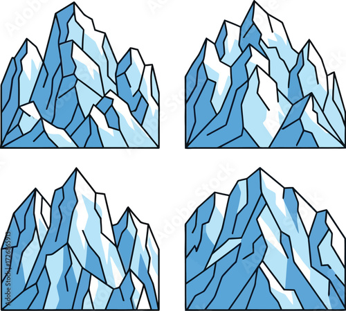 Four blue mountain range illustrations with snowy peaks