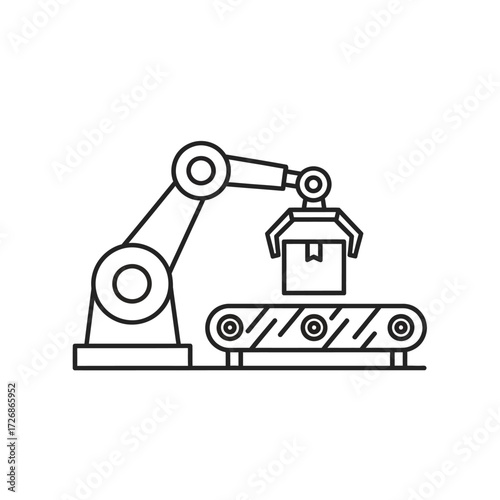 Industrial robotic arm icon placing a package on a factory assembly line conveyor belt.