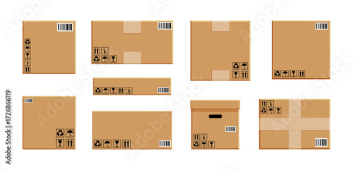 Set of different size cardboard boxes with bar-code and shipping symbols. Parcel packaging for delivery and logistics. E-commerce concept.