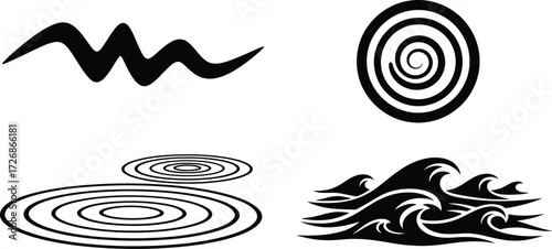 Water icons with waves, ripples, and spiral illustrations