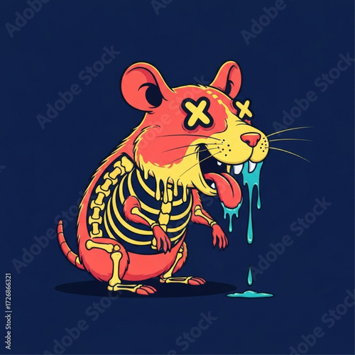 Cartoon rat illustration with skeleton, dripping saliva, and crossed-out eyes