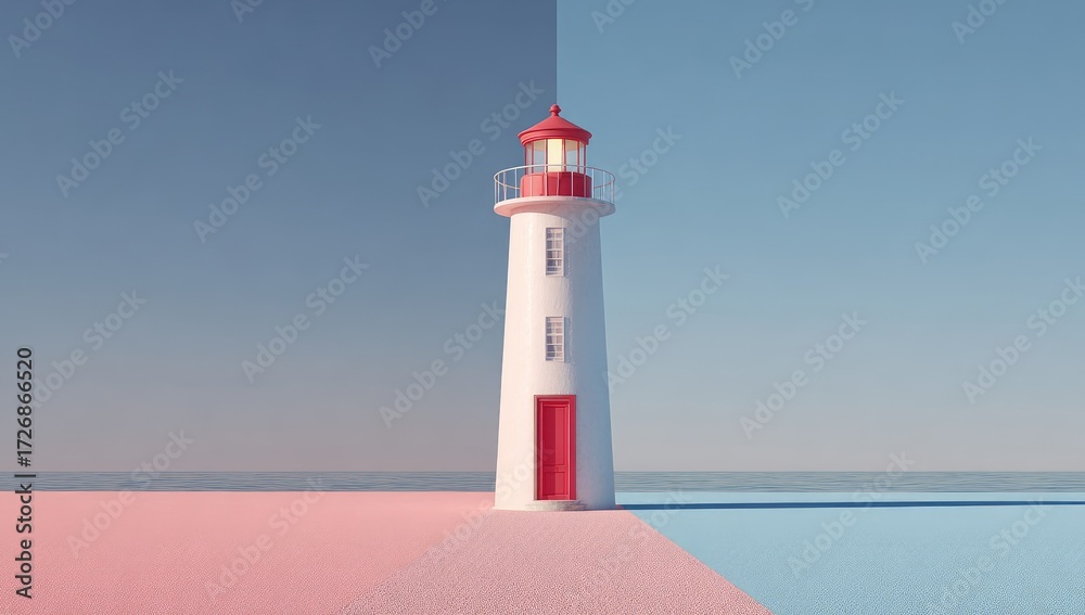 Fototapeta premium Pastel lighthouse on a beach with split color scheme