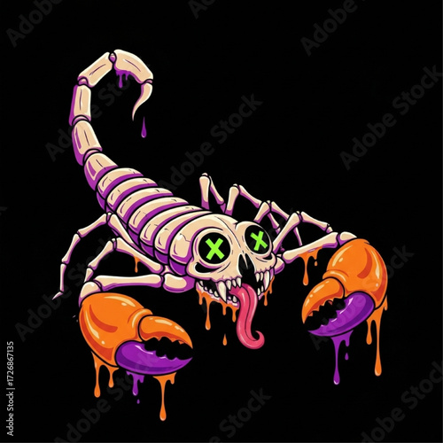 Cartoon Scorpion Skeleton with Dripping Claws on Black Background
