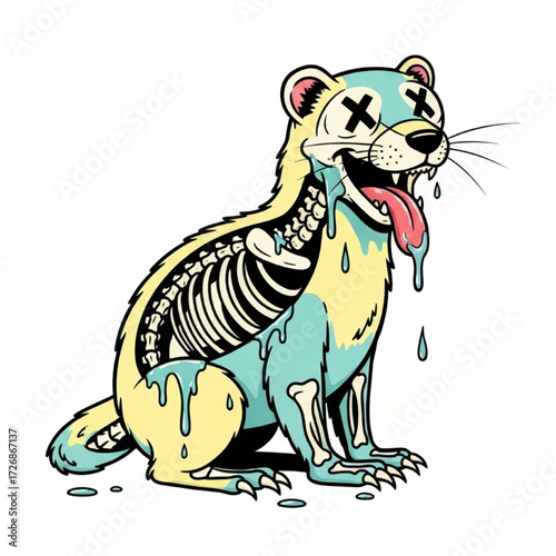 Creepy cute cartoon illustration of a zombie ferret with an exposed skeleton and dripping slime