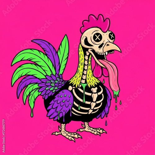 Psychedelic Zombie Rooster with Skeleton Body and Dripping Slime Illustration