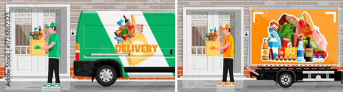 Delivery man holding grocery bag from van and truck. Online food store and supermarket order delivery service concept.