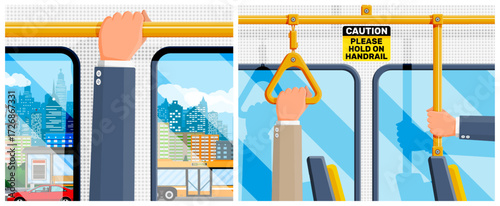 Man commuter rides public transport and holds handrail. City view from window. Daily urban trip and transport safety concept.