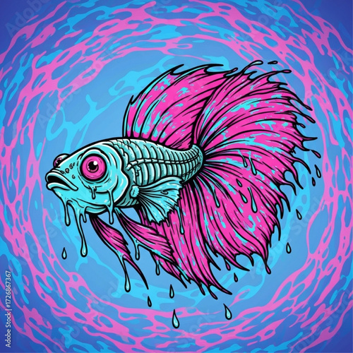 Artistic Illustration of a Colorful, Drowning Betta Fish with Unique Details
