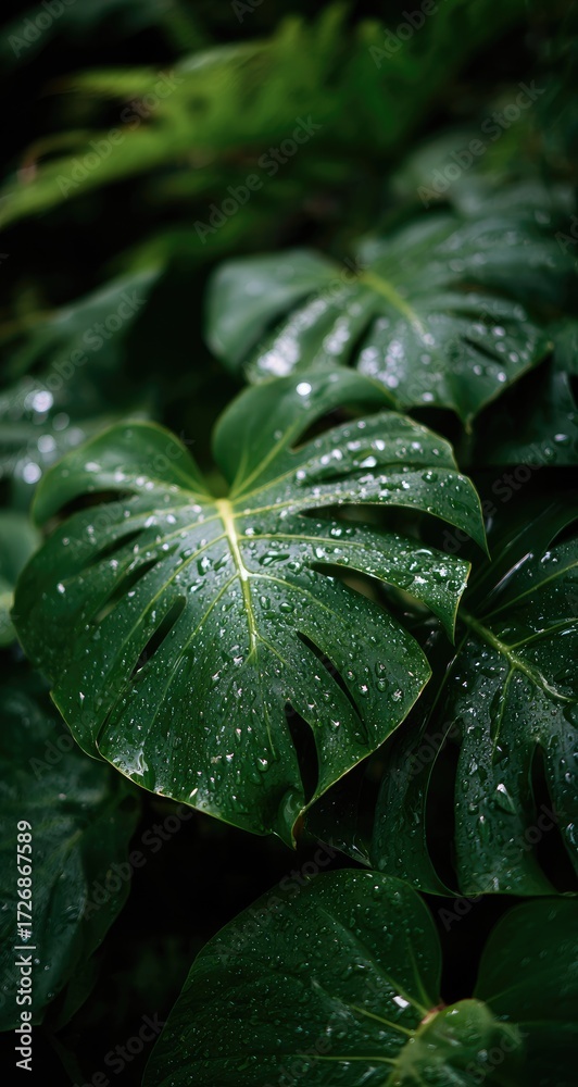 Fototapeta premium Close-up of lush, dark green monstera leaves covered in water droplets