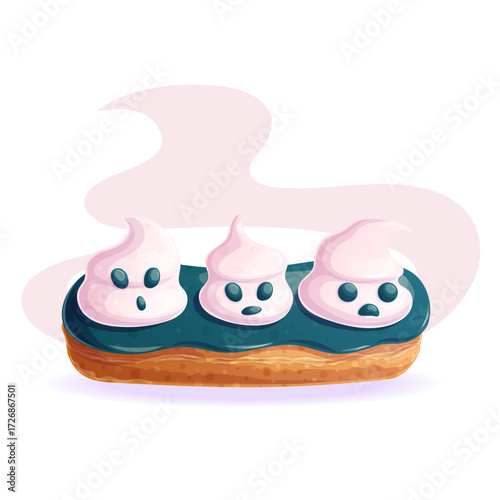 Delicious eclair with custard and cream in the form of ghosts. Trick or Treat. The concept of Halloween, a holiday. Isolated vector illustration for stickers, design, decoration.