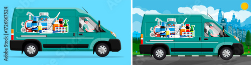 Man courier in medical delivery van. Medicine transport concept. Drugstore and laboratory flat style illustration vector set.