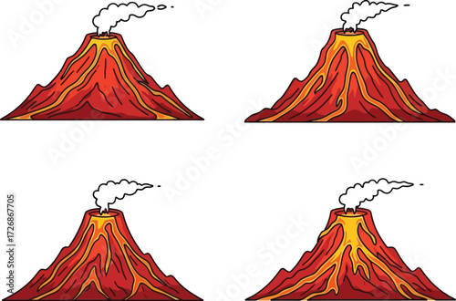 Volcano illustration set with erupting lava and smoke