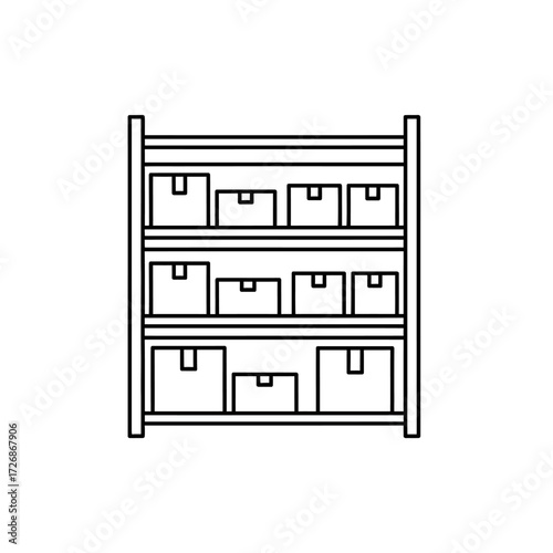 Warehouse shelving unit with boxes, storage, inventory, organization, business, logistics.