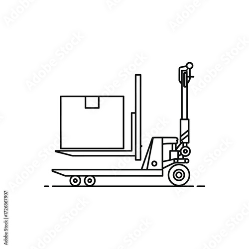 Line drawing of a pallet jack carrying a cardboard box, illustrating warehouse logistics.