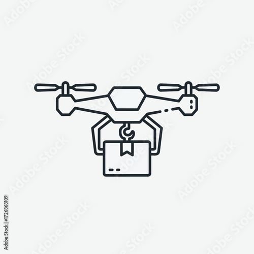 Line art icon of a delivery drone, a quadcopter UAV carrying a package with a robotic claw for shipping.