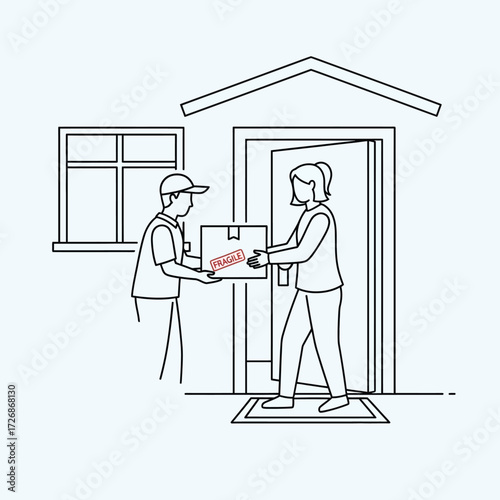 A delivery person hands a package labeled 'Fragile' to a woman standing at her front door.