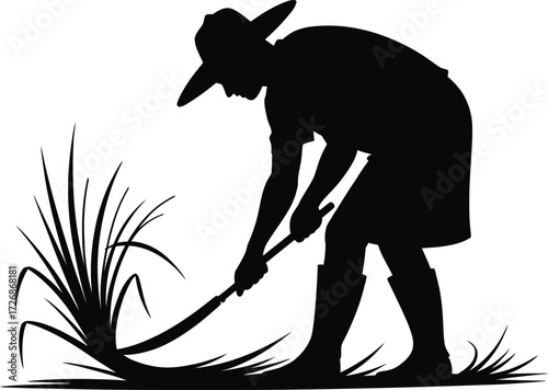 Silhouette of Farmer Cutting Grass with Sickle on Transparent Background.