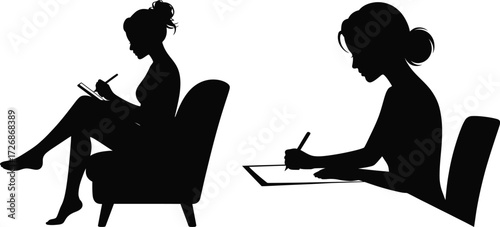 Silhouette of Women Writing in Notebook and Tablet on Transparent Background.