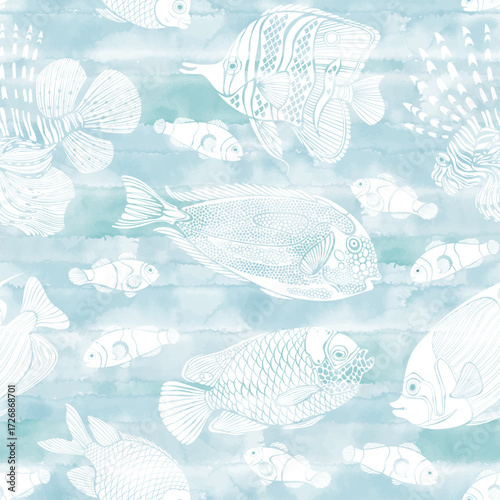 Tropical fish.. White silhouettes on blue watercolor. Seamless vector pattern. Nature stylish background. Perfect for wallpaper, wrapping, fabric, print and textile. 