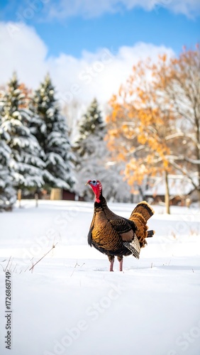 Wild turkey in snowy landscape