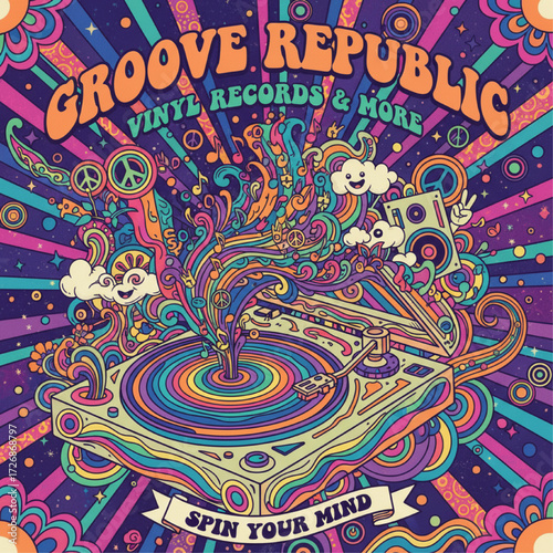 A vector poster for a vinyl record store. Feature a stylized record player with musical notes coming out of it, in a psychedelic style