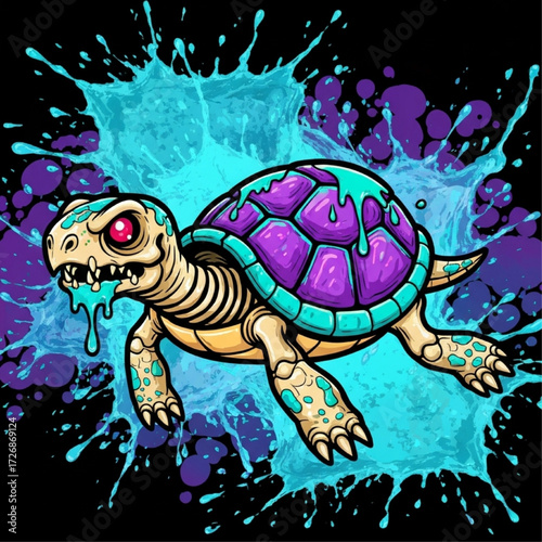 Intense graphic illustration of a stylized turtle skeleton bursting with vibrant colors and a splash effect