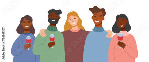 A group of people celebrating a holiday. Young men and women smiling and holding wineglasses isolated on white background. Holiday concept. Vector flat background.