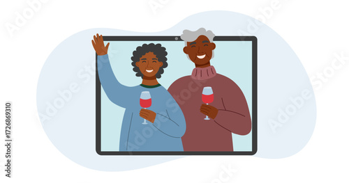 Online celebration concept. Video call with two people on the screen of tablet. Holiday celebration concept. Vector flat clipart.