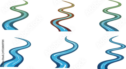 Set of six winding river illustrations with varied colors and styles