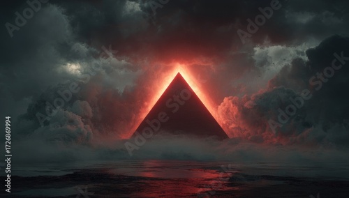 Dark, stormy sky over a red pyramid