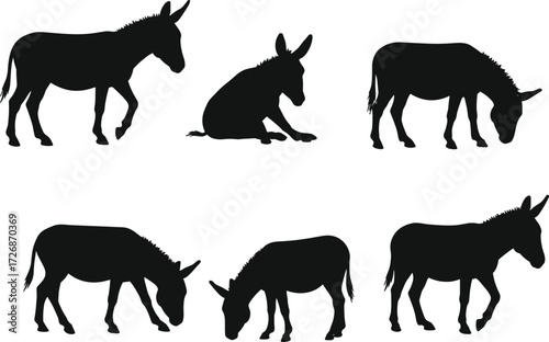 Donkey silhouette vector set, black farm animal illustration, domestic donkey artwork, grazing donkey clipart, standing donkey drawing, livestock animal design, wild donkey
