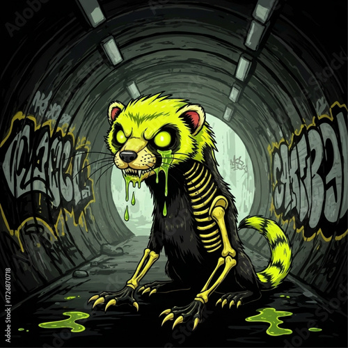 Mutant Skeletal Weasel Dripping Toxic Slime in an Underground Graffiti Tunnel