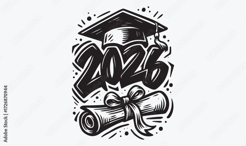 Fototapeta premium Graffiti Graduation Design 2026 with Bold Numbers, Cap, Scroll, and Urban Black White Art