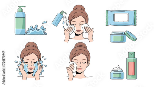 Skincare Vector Illustration Set – Happy Girl with Healthy Hydrated Skin Collection AI EPS PNG JPEG
