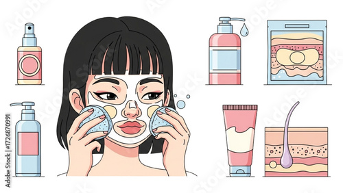 Skincare Vector Illustration Set – Happy Girl with Healthy Hydrated Skin Collection AI EPS PNG JPEG
