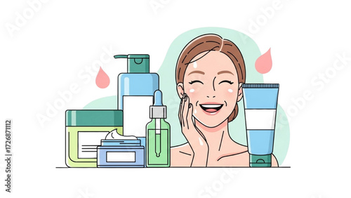 Skincare Vector Illustration Set – Happy Girl with Healthy Hydrated Skin Collection AI EPS PNG JPEG

