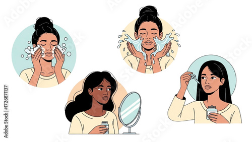 Skincare Vector Illustration Set – Happy Girl with Healthy Hydrated Skin Collection AI EPS PNG JPEG
