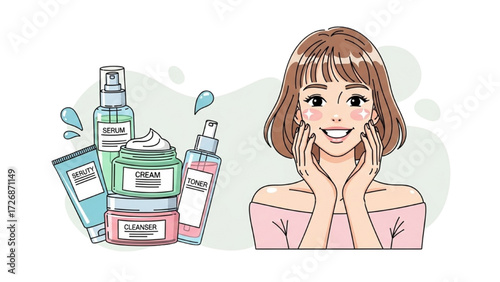 Skincare Vector Illustration Set – Happy Girl with Healthy Hydrated Skin Collection AI EPS PNG JPEG
