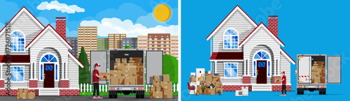 Mover man loading box into truck parked in front of house with items and boxes on street. Home moving concept illustration.