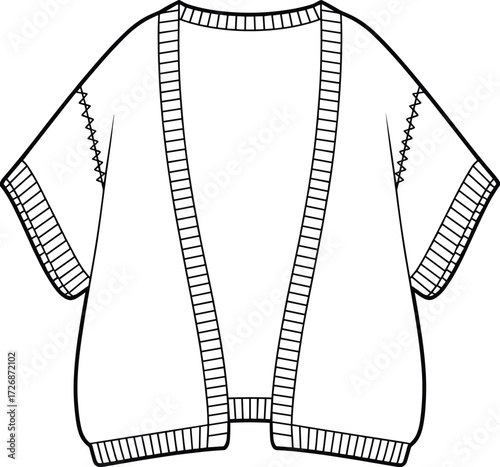 Cardigan technical sketch, kimono style fashion drawing, short sleeve garment vector, apparel flat design template, cad drawing flat vector illustration