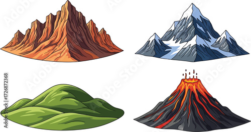 Four mountains with distinctive shapes and snowy peaks