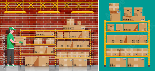 Man worker put box on storage rack. Warehouse or storehouse interior. Parcel delivery service concept. Flat style vector illustration.