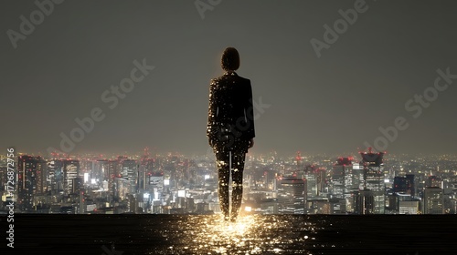 Silhouette of Woman Standing on Rooftop Overlooking City Skyline at Night