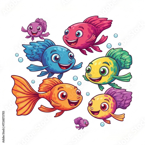 Vibrant illustration of a joyful school of colorful cartoon fish smiling happily underwater