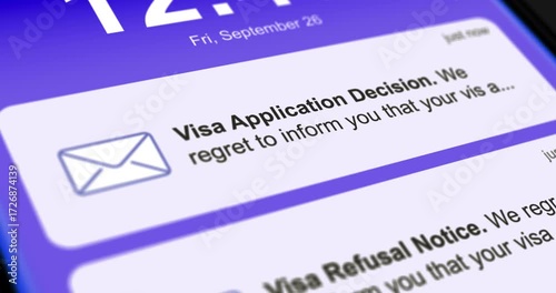 Visa Application Refusal Notifications, incoming messages on smartphone screen with visa refusal email, scrolling messages, footage