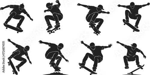 Skateboarder silhouette set, mid-air tricks, dynamic motion, black vector art, urban sport, jump pose, extreme action, youth culture, skateboarding style